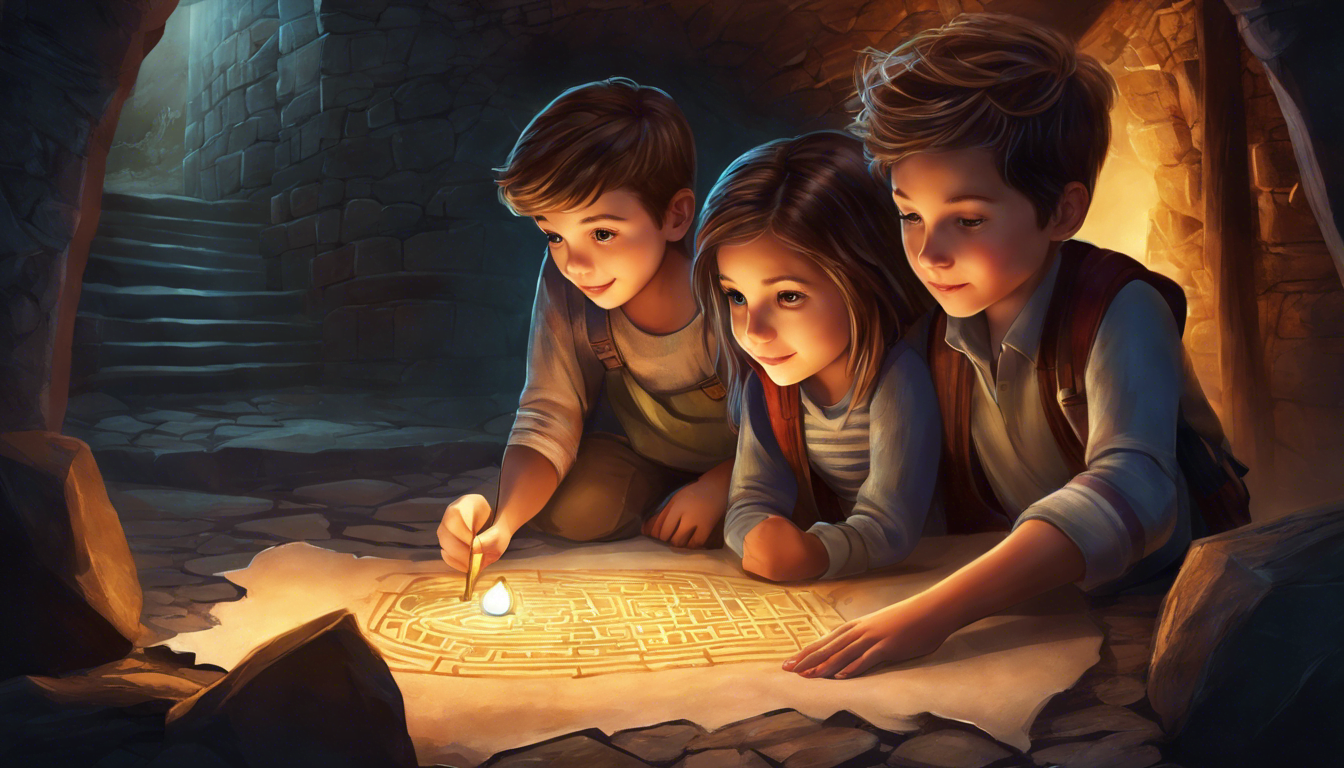 Two siblings holding a treasure map and flashlight, entering an underground labyrinth.