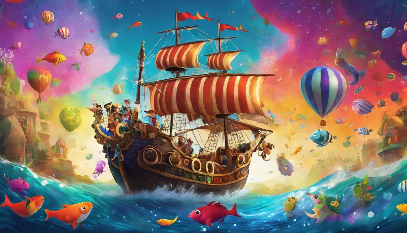 A colorful pirate ship sailing in vibrant waters filled with cheerful fish, balloons, and a whimsical sky.
