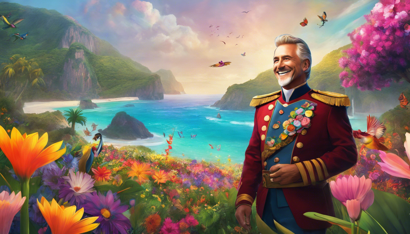 Captain Chuckleton laughs on a vibrant island surrounded by whimsical creatures.