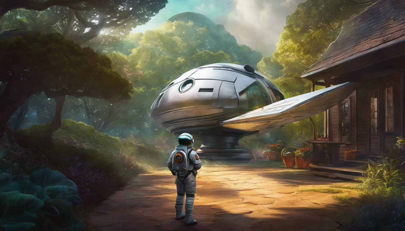 A young astronaut-in-training stands with a magical spaceship in front of them.