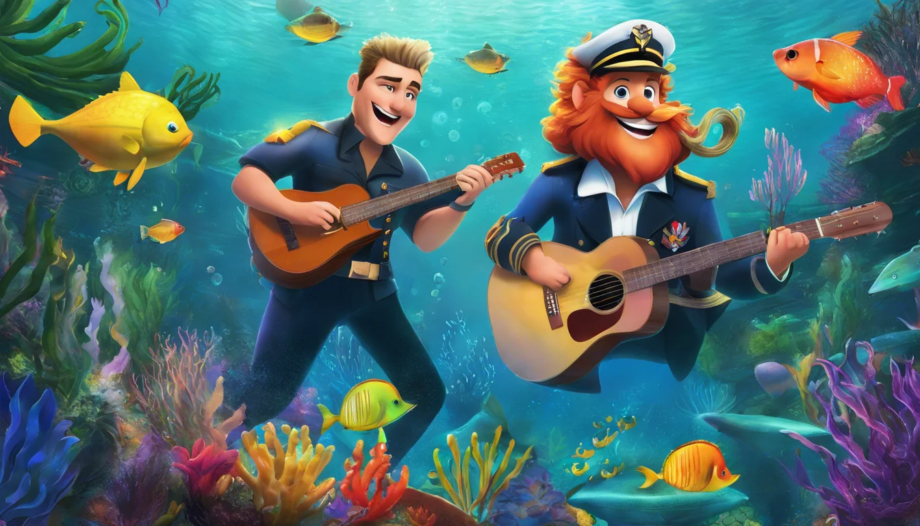 Two animated characters, a smiling man in a captain's outfit and a bearded musician, play guitars underwater surrounded by colorful fish and vibrant coral.