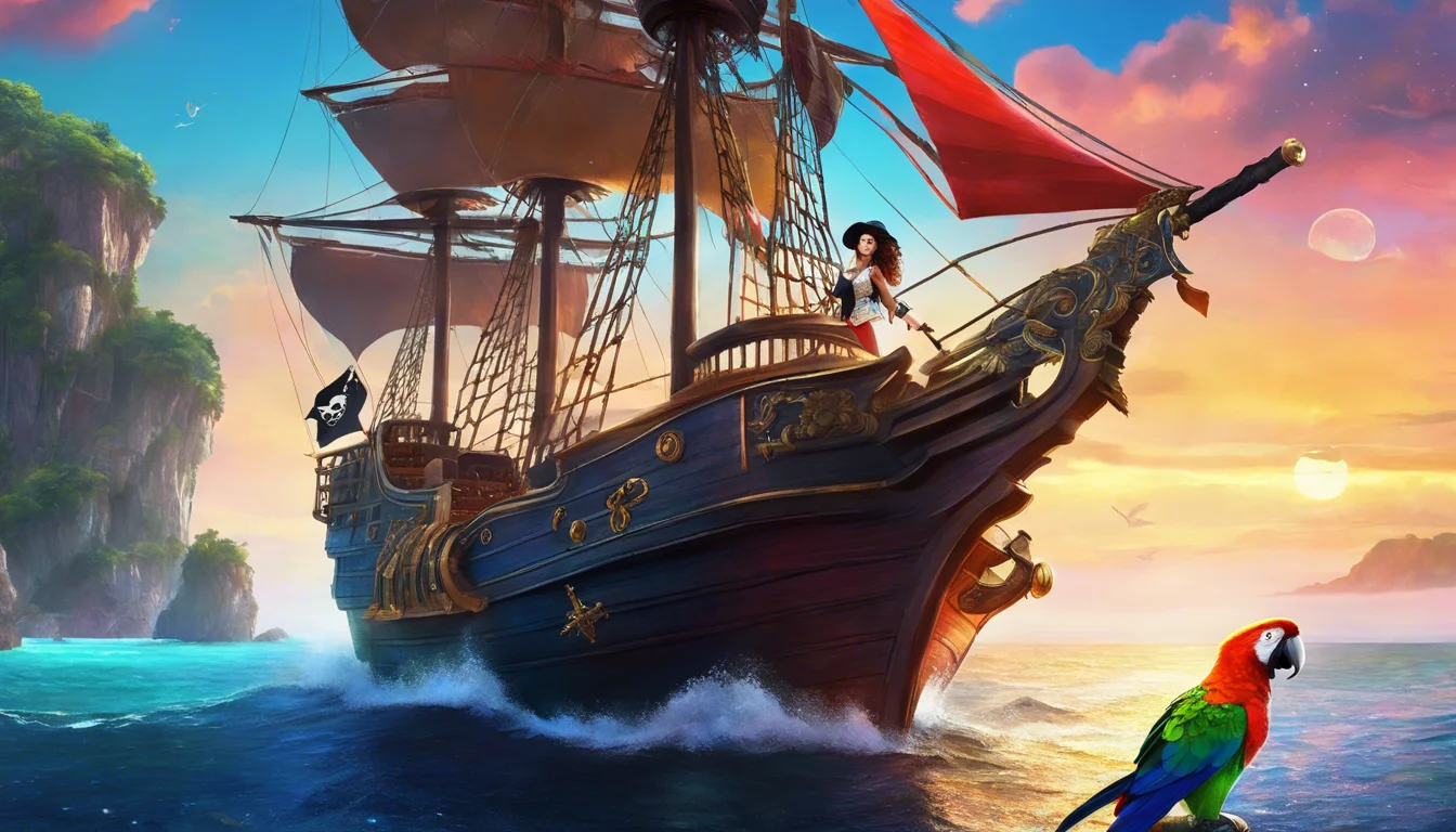 A vibrant pirate ship sails through sparkling waters, with a young adventurer on deck and a colorful parrot perched nearby, against a stunning sunset backdrop.
