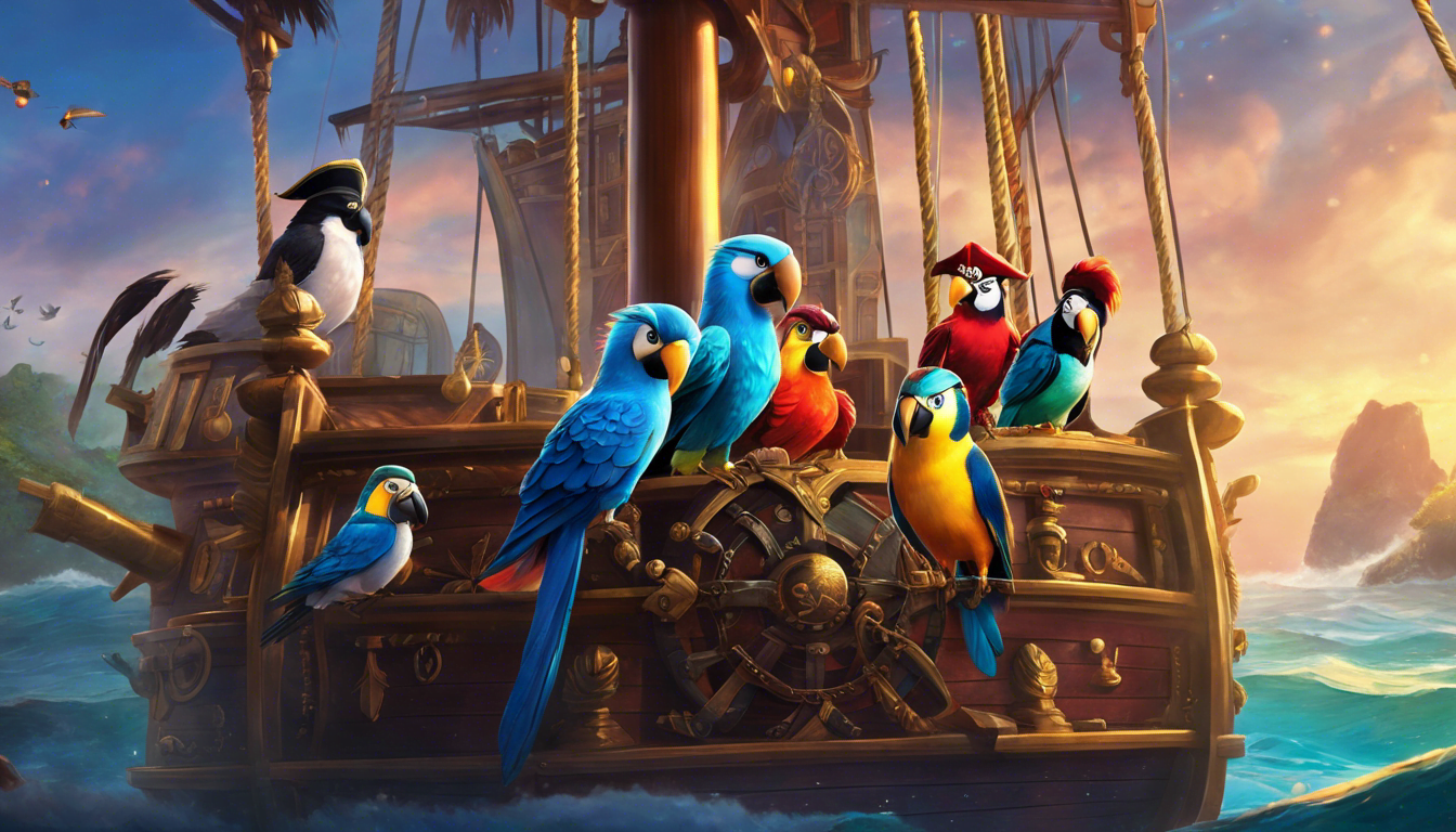 Captain Squawk and his bird crew on a pirate ship with the Pearl of Parley in the background.
