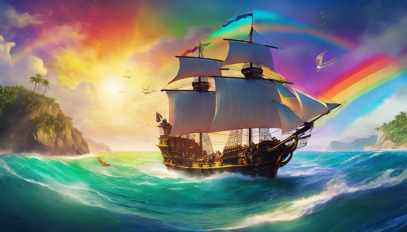 A pirate ship sails through a colorful seascape with a diverse crew.