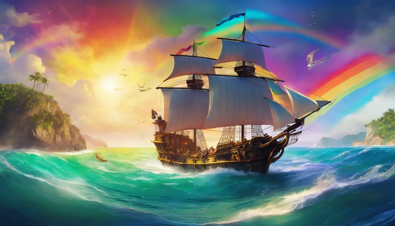 A majestic ship sails through vibrant turquoise waves under a colorful sunset with a rainbow arching in the sky.