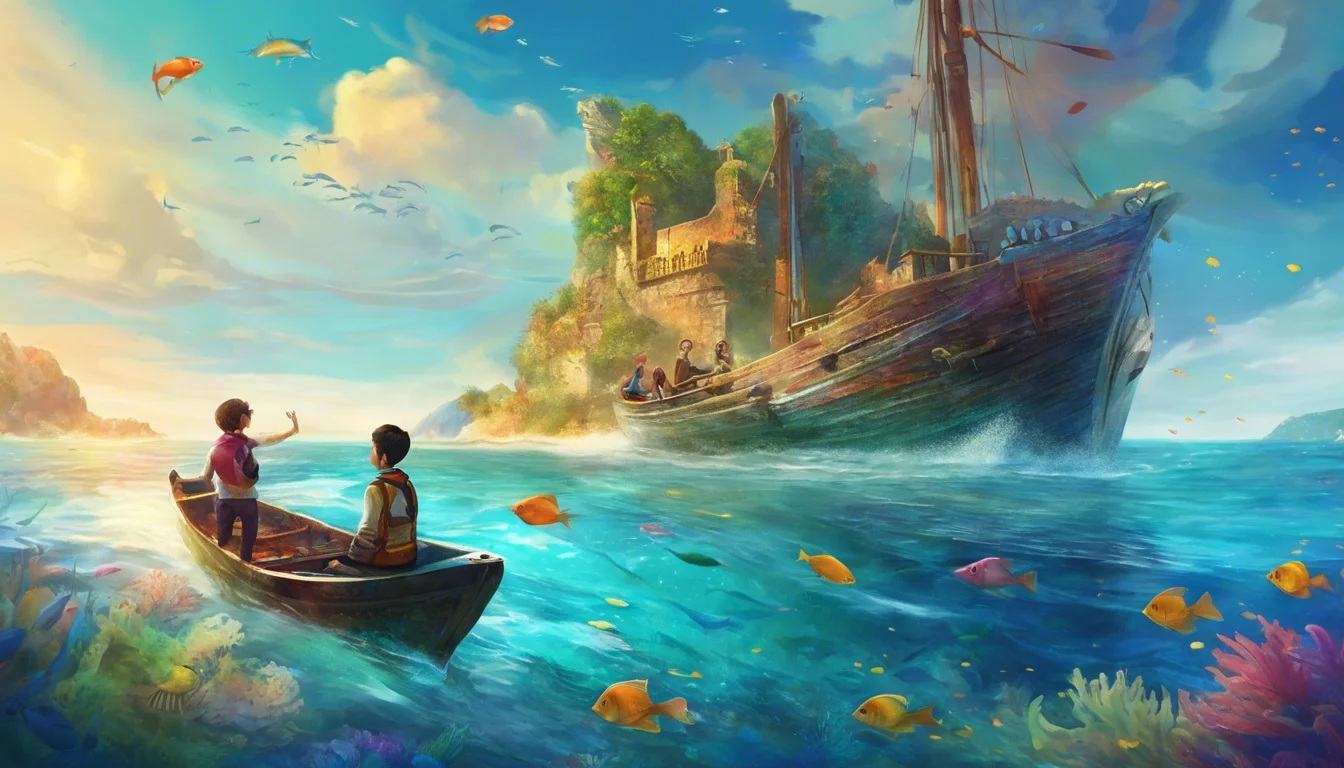 "Two children in a small boat on a vibrant blue ocean, with colorful fish swimming around, while a majestic ship sails towards a lush green island in the background under a bright, sunny sky."