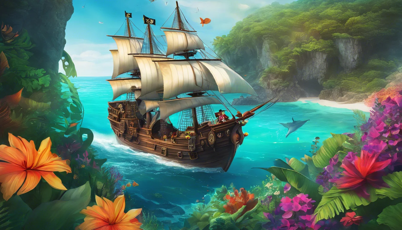 A vibrant pirate ship sails through turquoise waters surrounded by lush green cliffs and colorful tropical flowers.