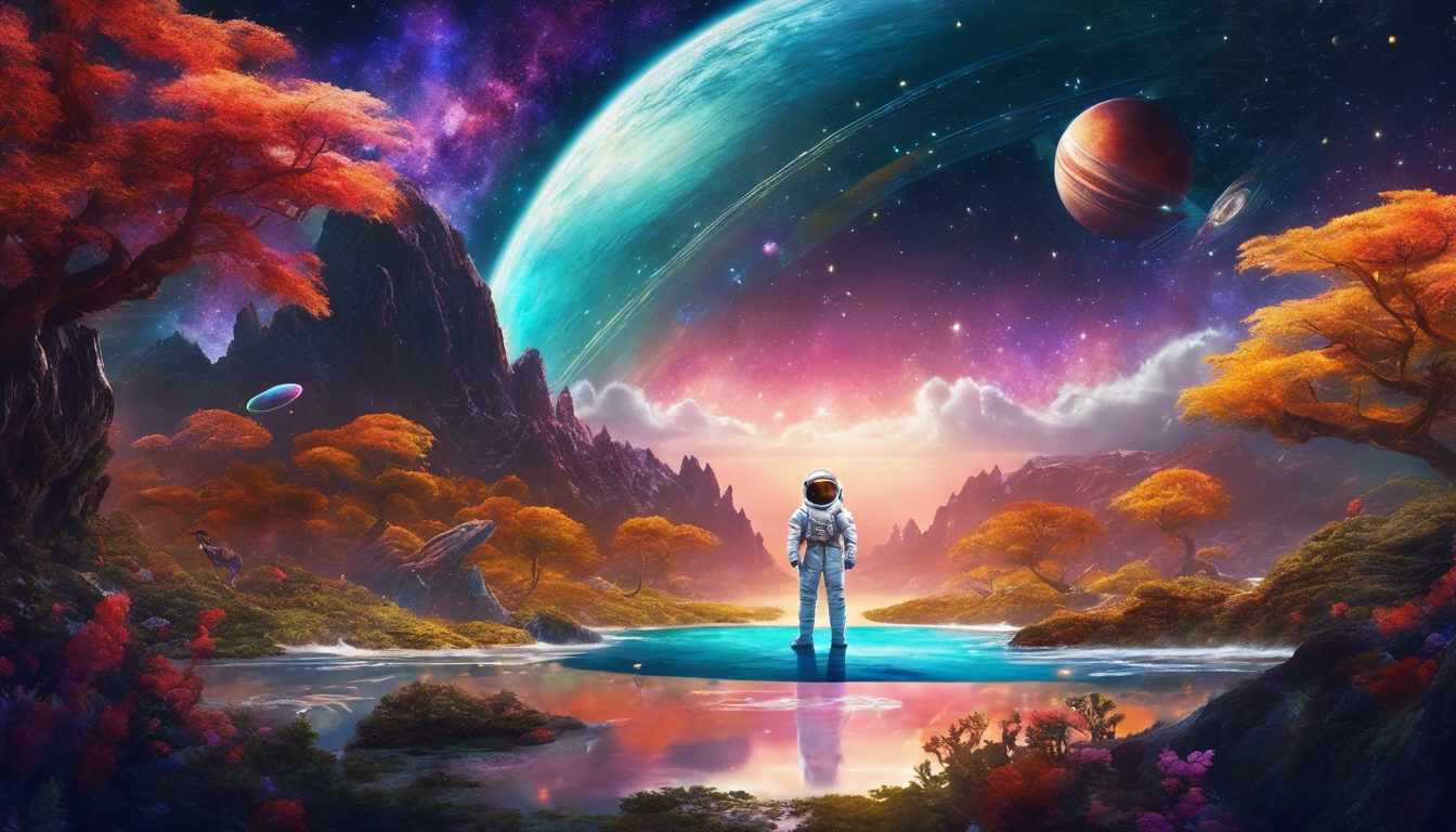 A young astronaut stands on a floating island surrounded by space dragons and a vibrant universe.