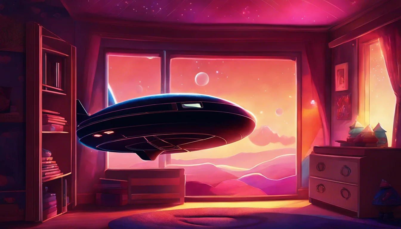 A whimsical room with a floating airship in front of a vibrant sunset view featuring distant planets.