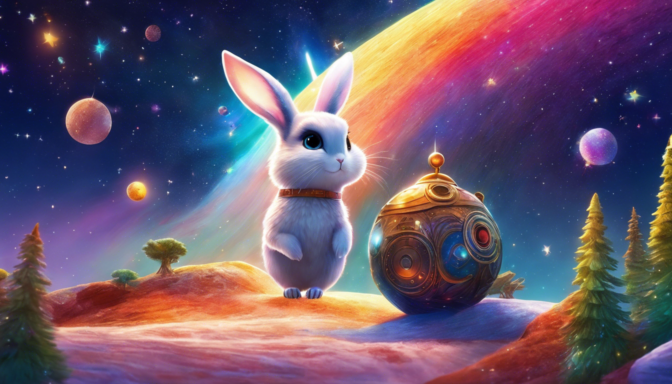 A space bunny on a comet in a colorful galaxy.