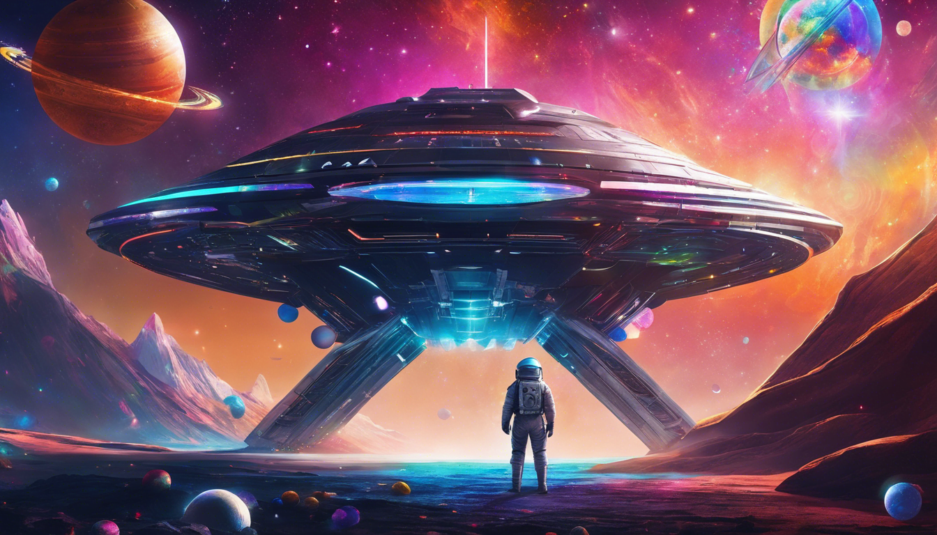 A futuristic astronaut stands in front of a glowing UFO on a vibrant alien landscape filled with colorful planets and nebulae.