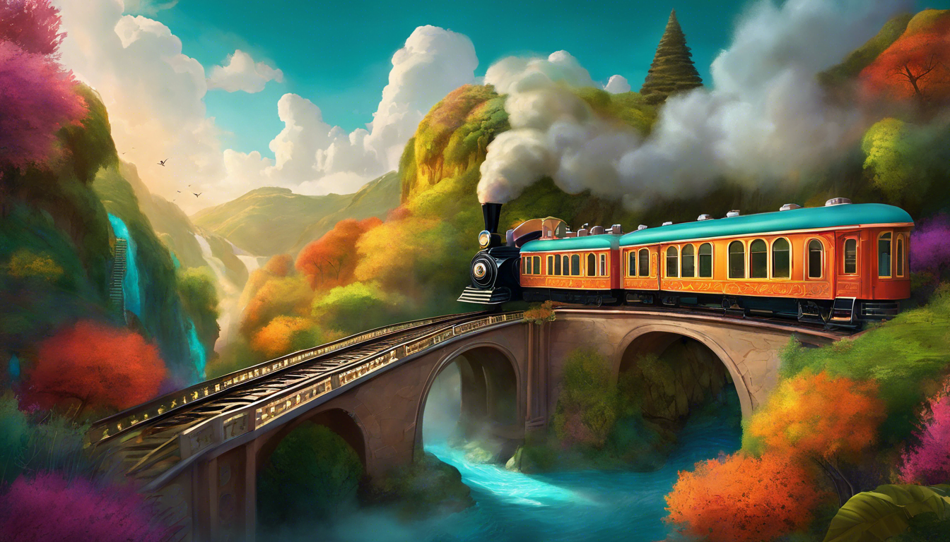 A colorful train traveling through a fantastical landscape.