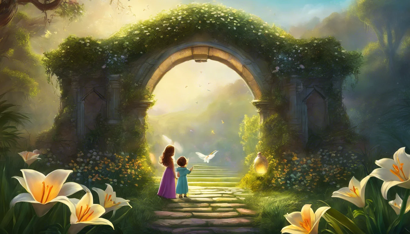 A whimsical scene featuring two children standing under a flower-adorned stone archway, with a path leading into a sunlit, enchanted forest filled with blooming lilies and a flying bird.