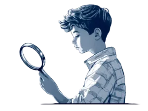 A boy holding a magnifying glass, looking for a bedtime story