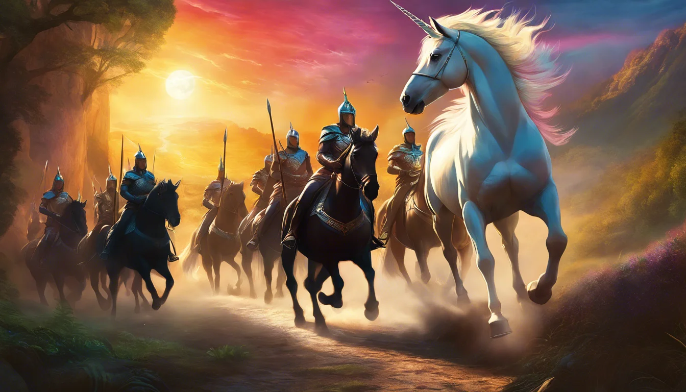 A group of armored knights on horseback, led by a majestic unicorn, riding through a vibrant sunset landscape.