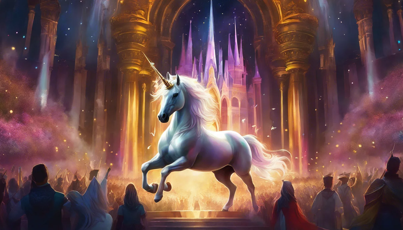 A majestic unicorn stands in a grand, enchanted hall, illuminated by colorful lights and surrounded by awestruck spectators. A fairytale castle looms in the background.