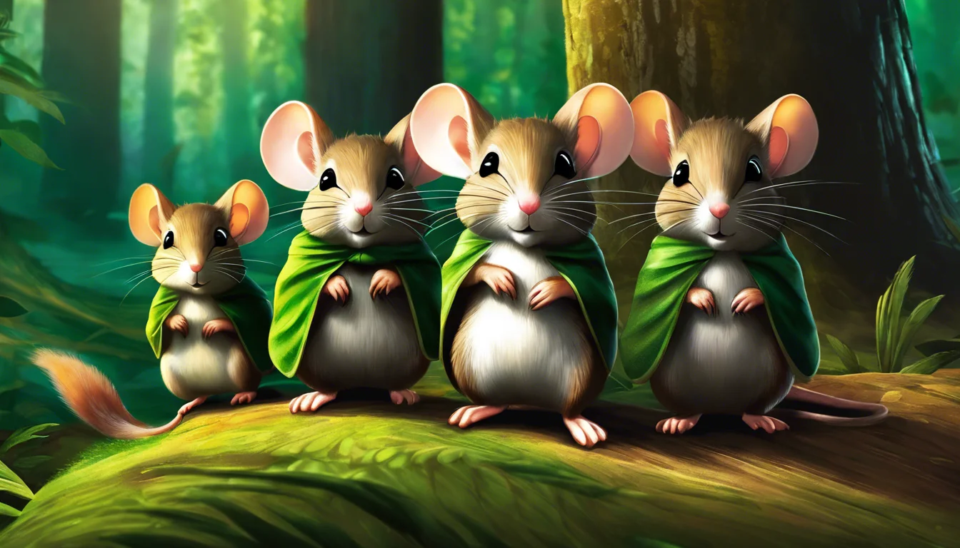 Four anthropomorphic mice wearing green capes stand on a mossy log in a vibrant, sunlit forest.