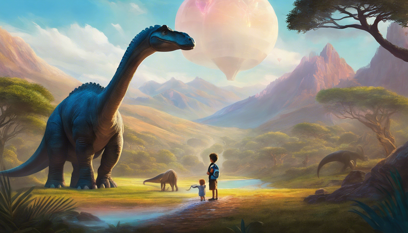 A boy and a baby Brontosaurus in a prehistoric landscape.