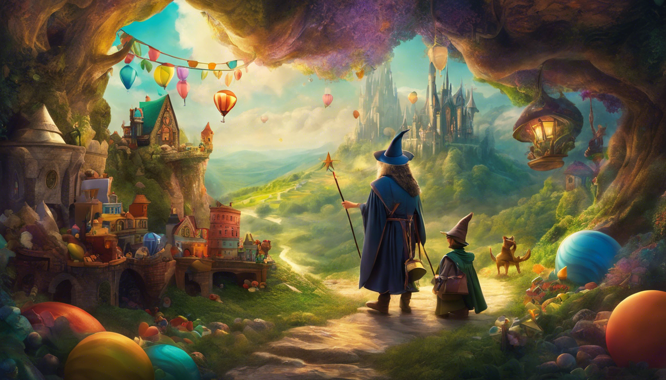 A wizard and apprentice in a magical toy-filled land.