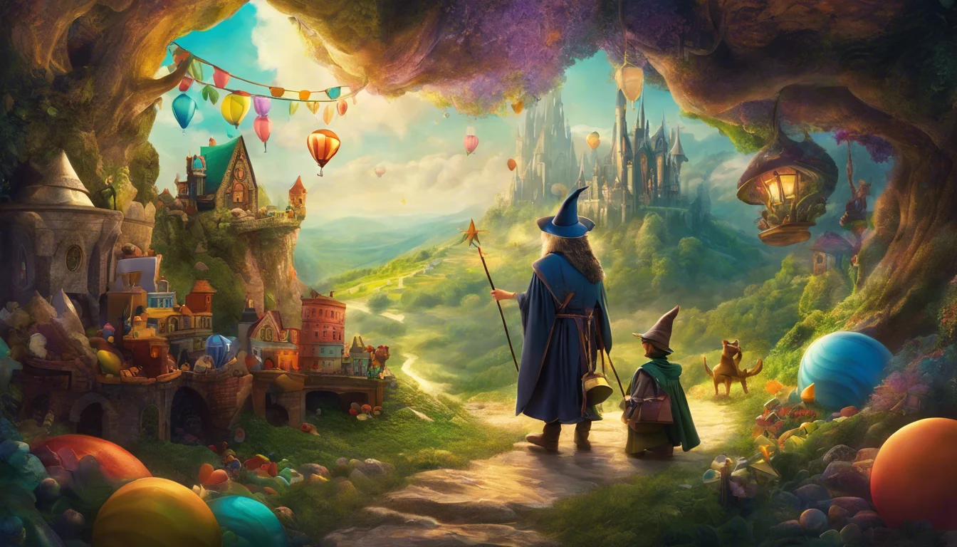 Two wizards stand in a vibrant, magical landscape filled with colorful houses, balloons, and oversized eggs, overlooking a distant castle under a bright sky.