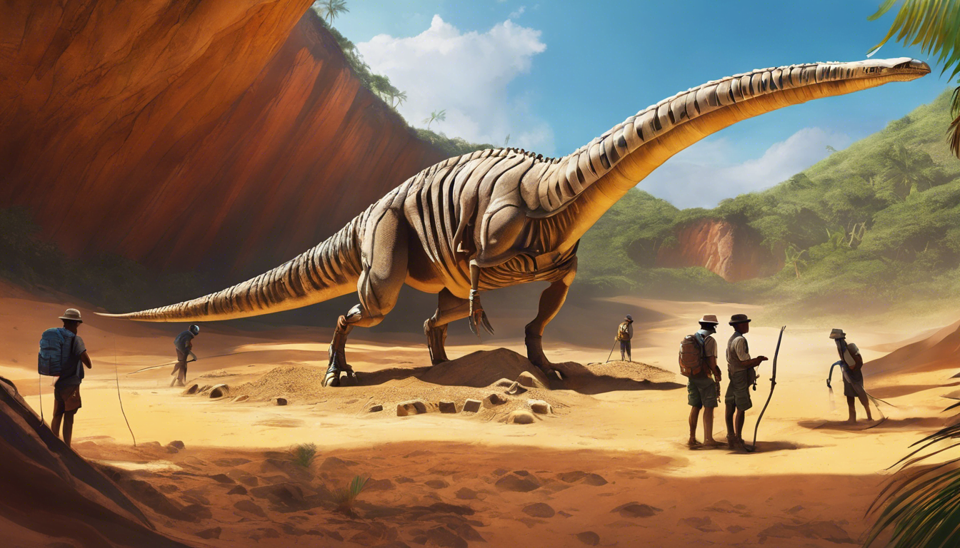 A group of explorers uncovering a dinosaur skeleton in Madagascar.