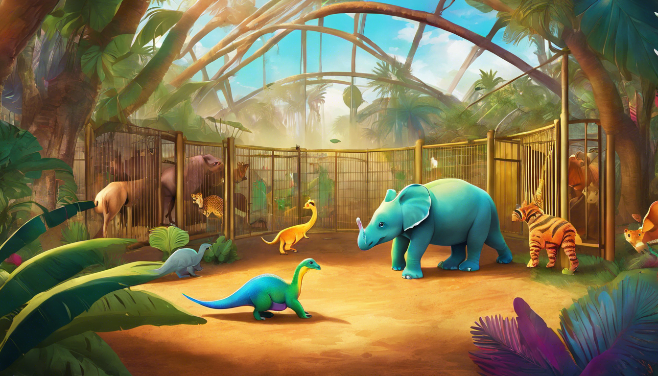A baby dinosaur interacts with exotic animals in a magical zoo.