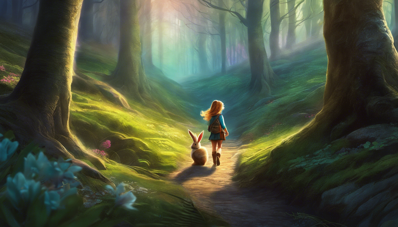 An adventurous girl and Easter Bunny in a mystical forest.