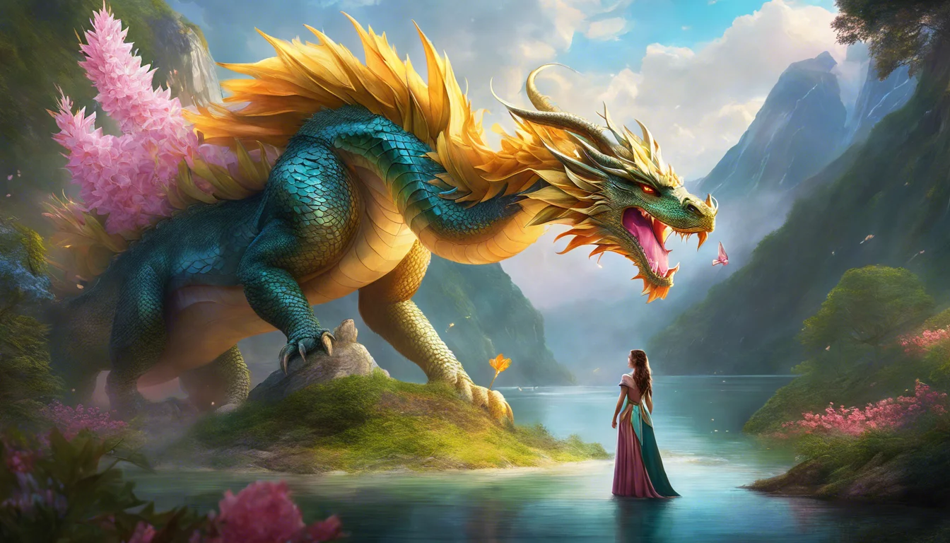 A majestic dragon with vibrant scales and colorful mane towers over a serene landscape, while a woman in a flowing dress gazes up in awe amidst blooming flowers and mountains.