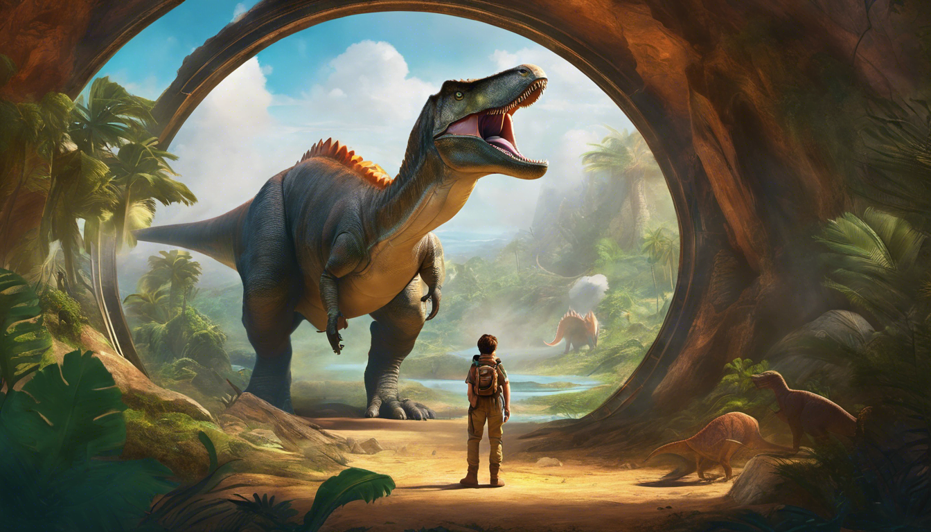 A young explorer in a time machine surrounded by gentle dinosaurs in a prehistoric landscape.