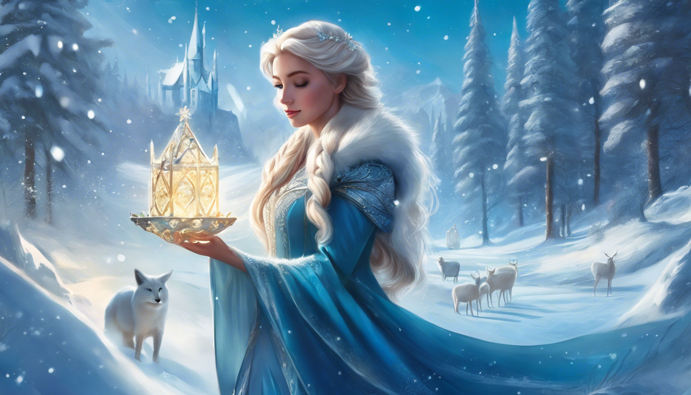 A girl holds a magical snowflake in a Winter Wonderland.