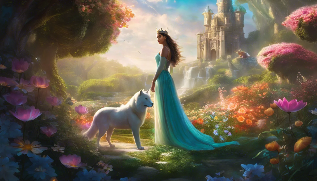 A serene princess in a flowing blue gown stands beside a white wolf in a vibrant, enchanted garden, with a distant castle and colorful flowers surrounding them.