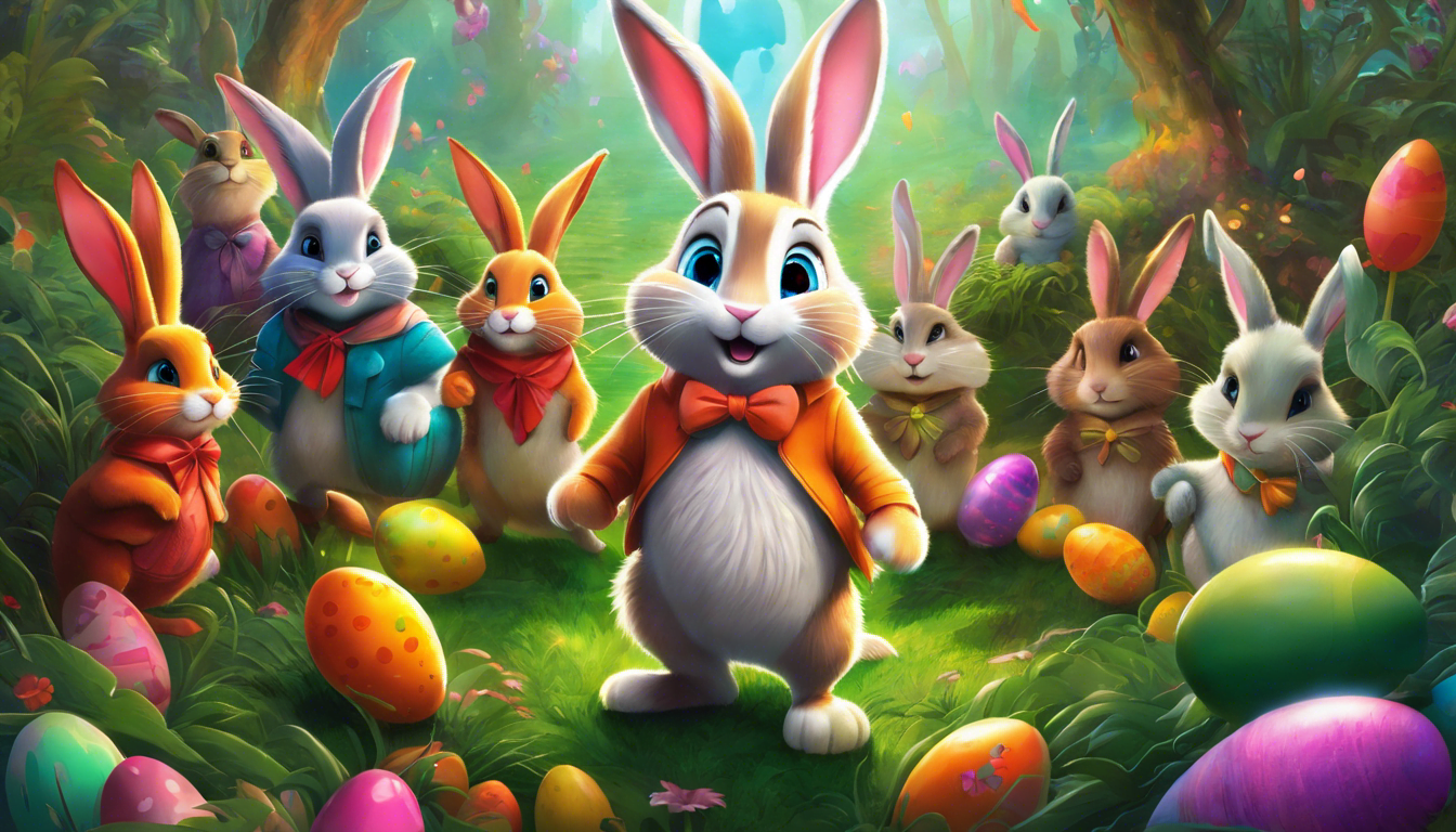 The Easter Bunny and animal friends celebrate in a vibrant carrot garden.