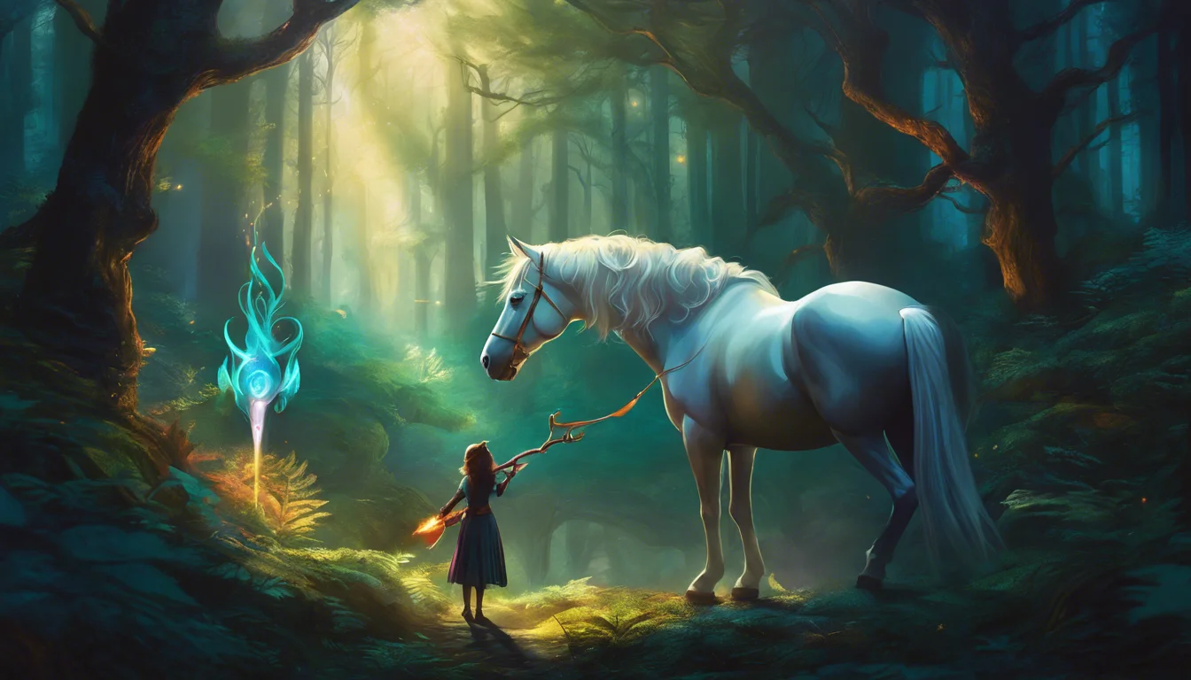 A girl in a dark forest holds a glowing staff while leading a majestic white horse, illuminated by soft rays of light filtering through the trees.