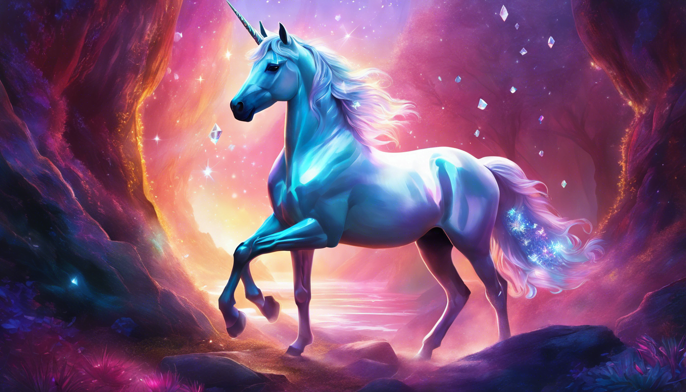 A unicorn foal named Aurora surrounded by glowing Elemental Crystals in Elysion.