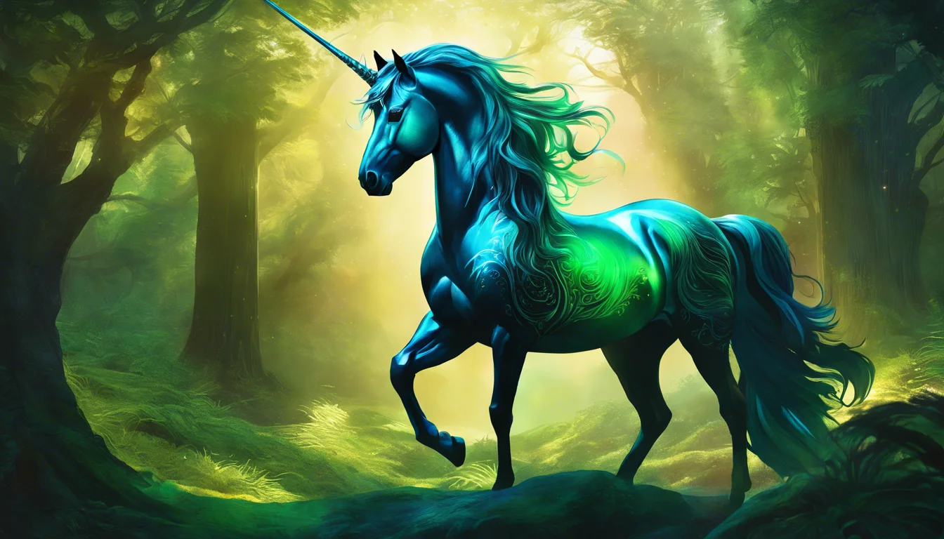 A mystical unicorn with a shimmering blue and green coat, gracefully trotting through a verdant, enchanted forest.