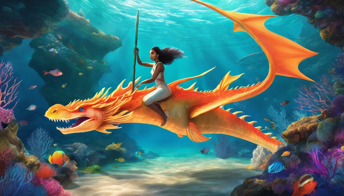 A brave princess faces a sea dragon in a colorful underwater world.