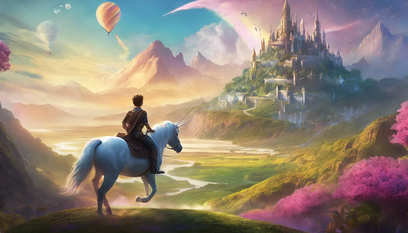 A rider on a white unicorn gazes at a majestic castle surrounded by vibrant mountains and a colorful sky adorned with hot air balloons.