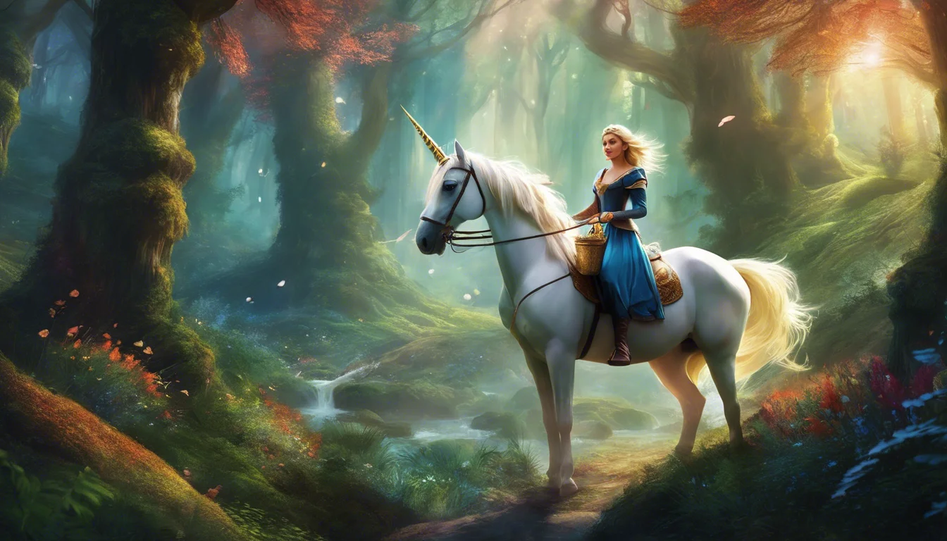 A woman in a blue dress rides a white unicorn through a mystical forest with vibrant foliage and soft, magical lighting.