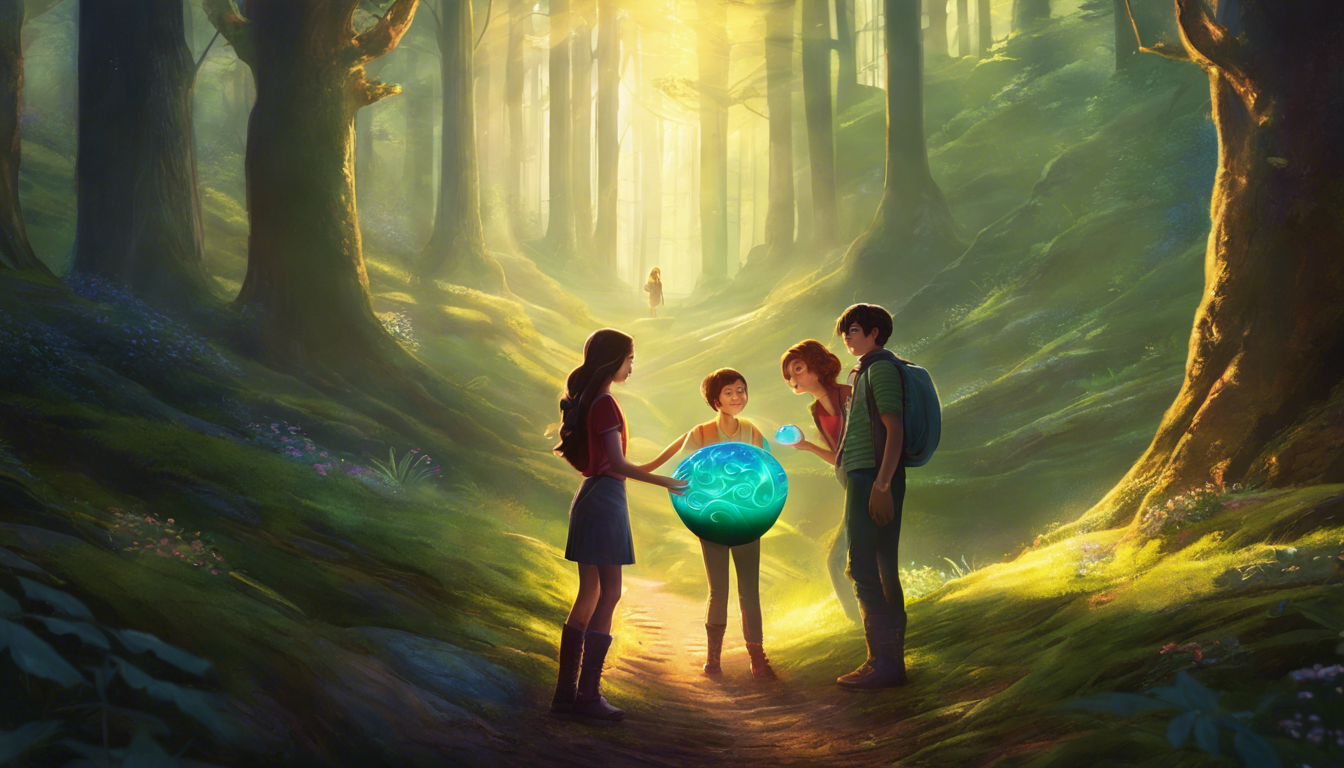 Three friends holding a glowing egg in a sunlit forest.