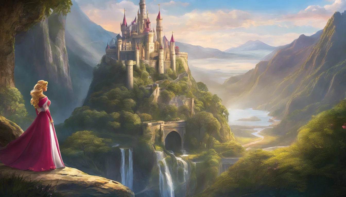 A princess in a pink gown stands before a majestic castle atop a hill, surrounded by lush greenery and waterfalls, with mountains in the background under a serene sky.