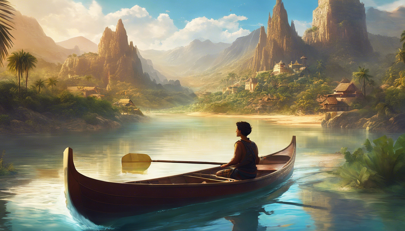 A young traveler rowing through diverse landscapes.
