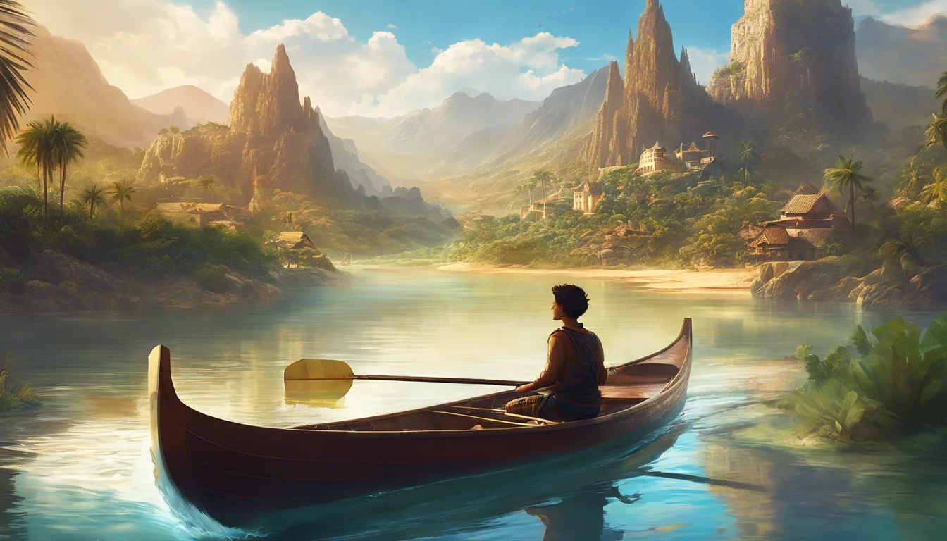 A person paddles a canoe through a serene river, surrounded by lush mountains and a vibrant sky.