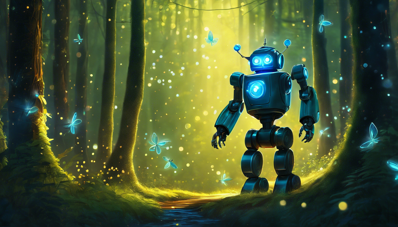 A joyful robot dancing among fireflies in a glowing forest.