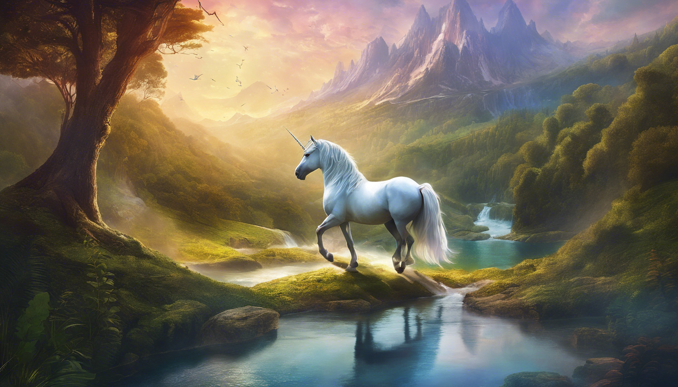 An unicorn leading a traveler through fantastical realms.