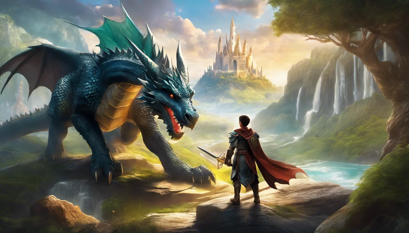 A knight in a red cape stands before a fierce blue dragon, with a mystical castle and waterfall in the background under a colorful sky.