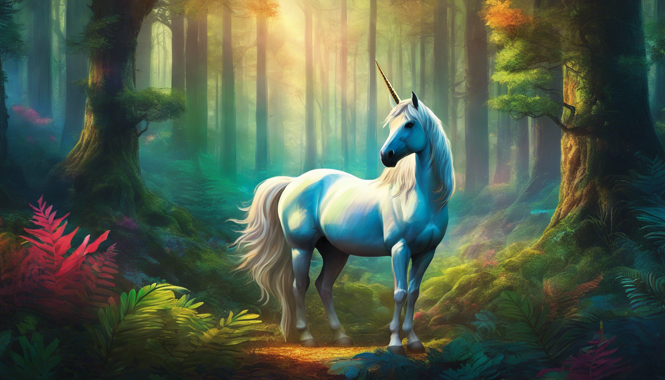 A majestic unicorn with forest creatures in a mystical forest.