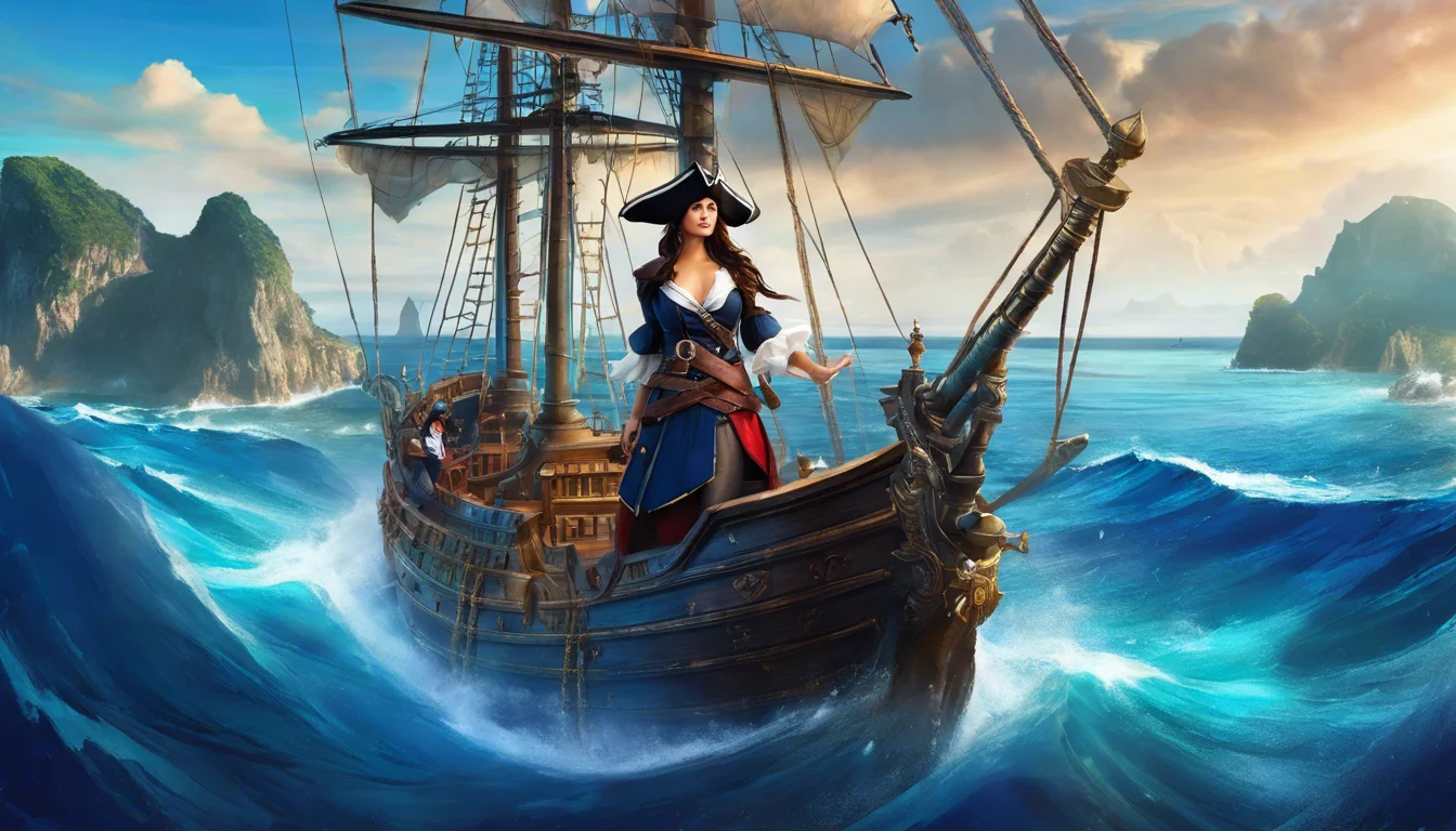 A pirate ship navigates through turbulent waves, with a confident female pirate standing at the helm against a backdrop of islands and a colorful sky.