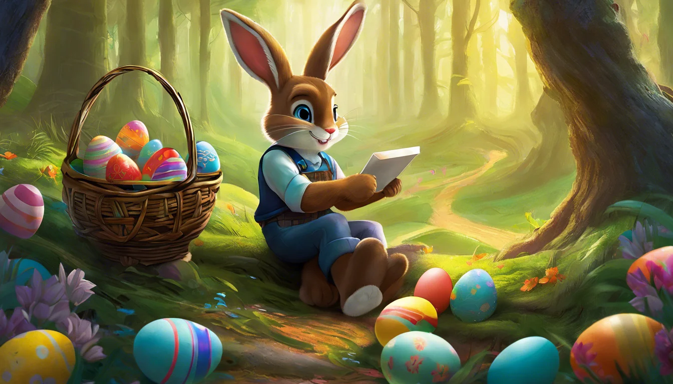 A cheerful rabbit in a blue outfit sits in a forest clearing, reading from a book beside a basket filled with colorful Easter eggs.