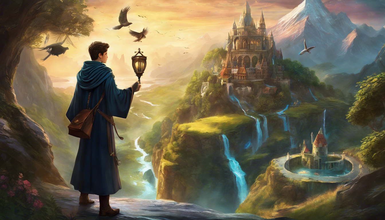 A young wizard holding a key in a fantastical setting.