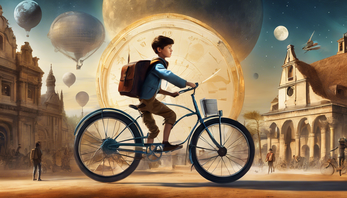 A boy with a time-traveling bicycle amidst historical events and figures.